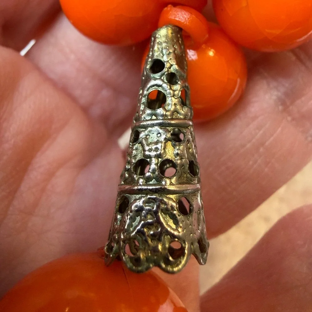 Retro Orange Cluster Bead Drop Earrings Silver Filigree Statement Dangle Boho